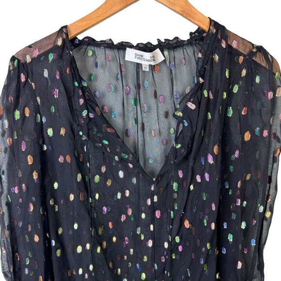 Diane Von Furstenburg DVF Lilian Metallic Dot Long Sleeve Sheer Blouse - Picture 10 of 12